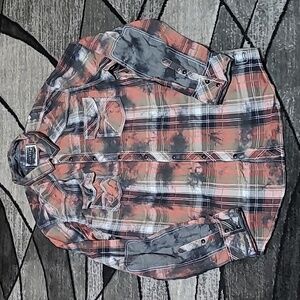 VINTAGE BKE 1967 STANDARD-FIT PLAID ACID-WASH SNAP-BUTTON LONG-SLEEVE SH…